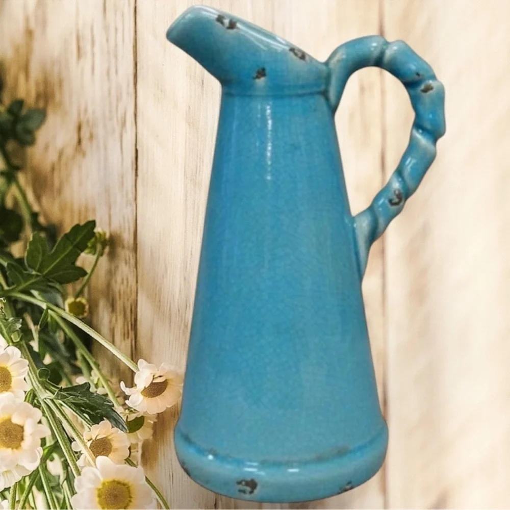 Vintage Pottery Vase Pitcher Water Jug Rustic Antique Glaze Turquoise Blue Green